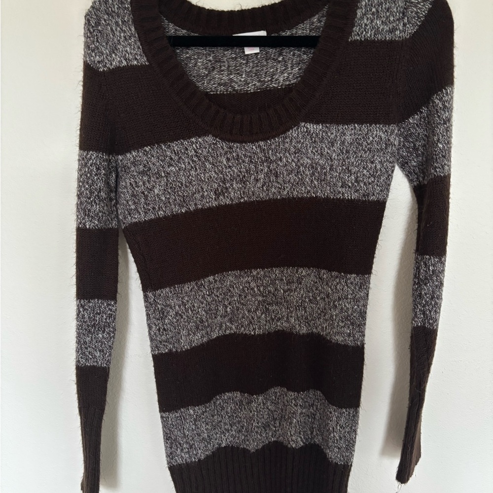 Xhilaration 2000s Brown and Gray Striped Scoop Neck Sweater Dress